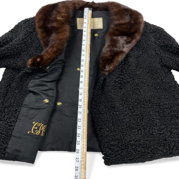 Azens Furs Persian Curly Lamb & Mink Fur Coat Women's Jacket Black Size XL - Picture 10 of 14